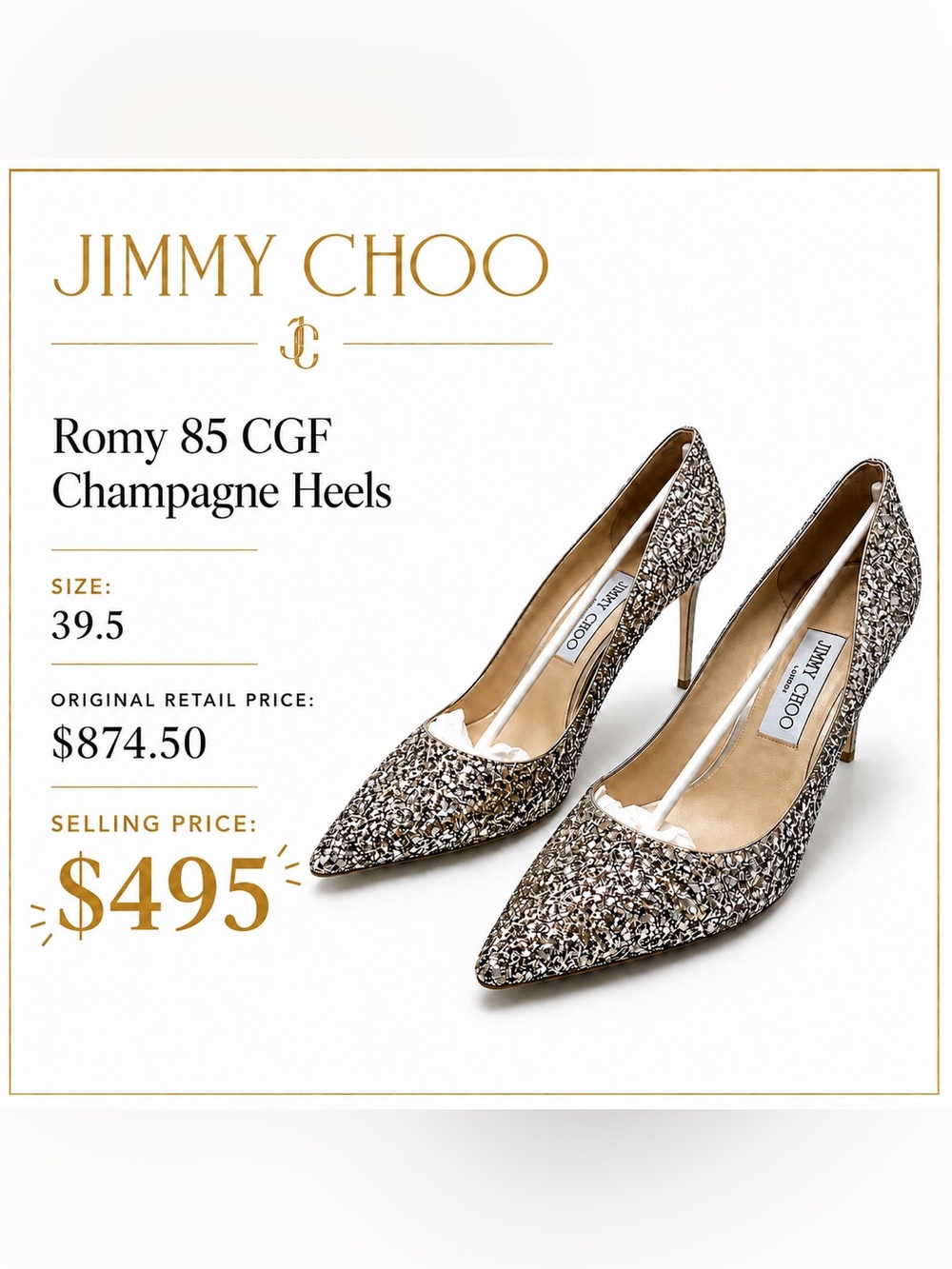 Jimmy Choo Romy 85 CGF Champagne Heels - Size 39.5